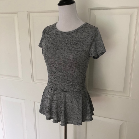 SPACE DYE HEATHER GRAY KNIT PEPLUM WAIST TOP BLOUS - Picture 2 of 6